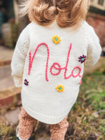 Load image into Gallery viewer, Personalised Soft White Heart Hand Embroidered Cardigan with Flowers

