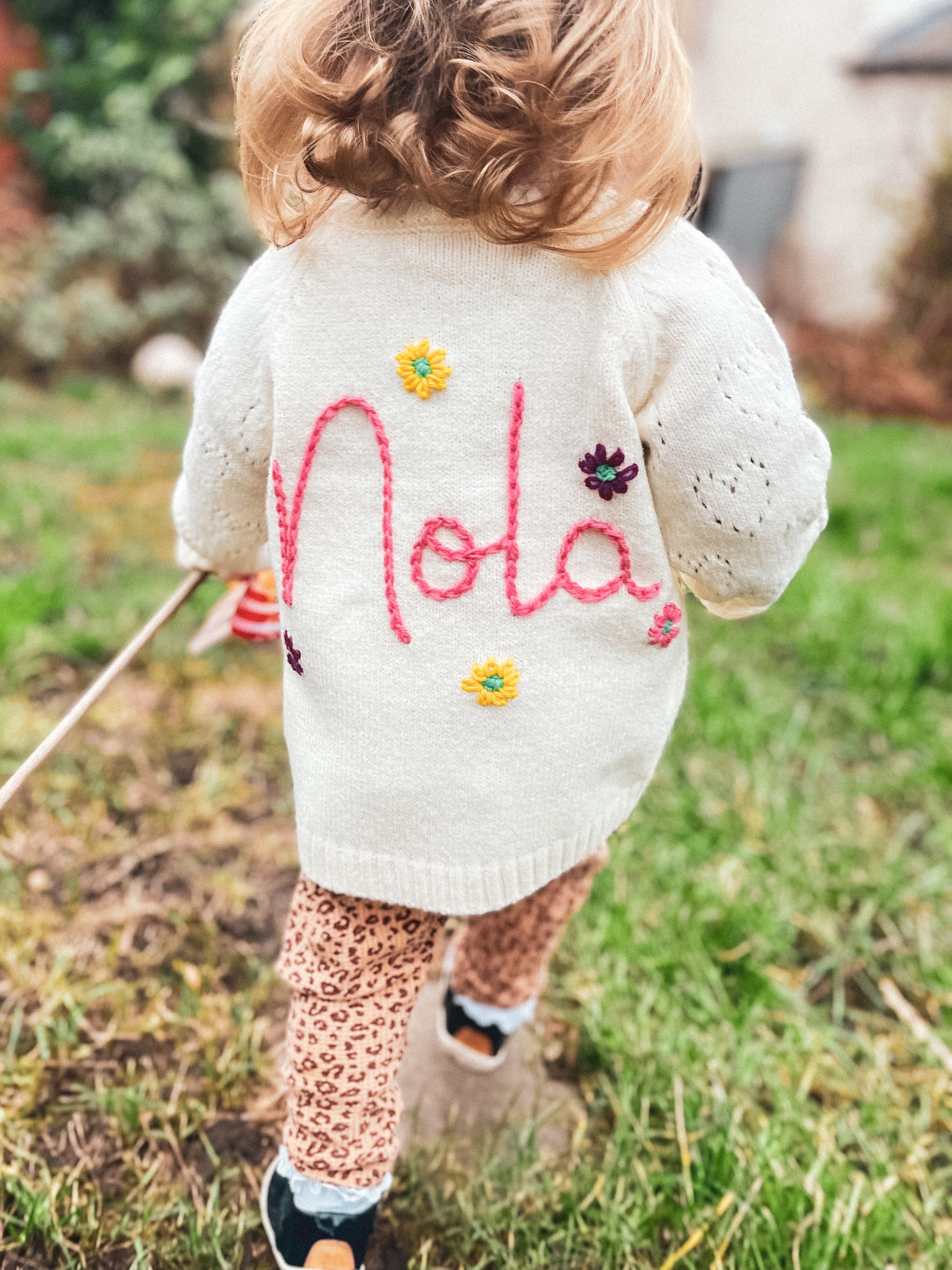 Personalised Soft White Heart Hand Embroidered Cardigan with Flowers