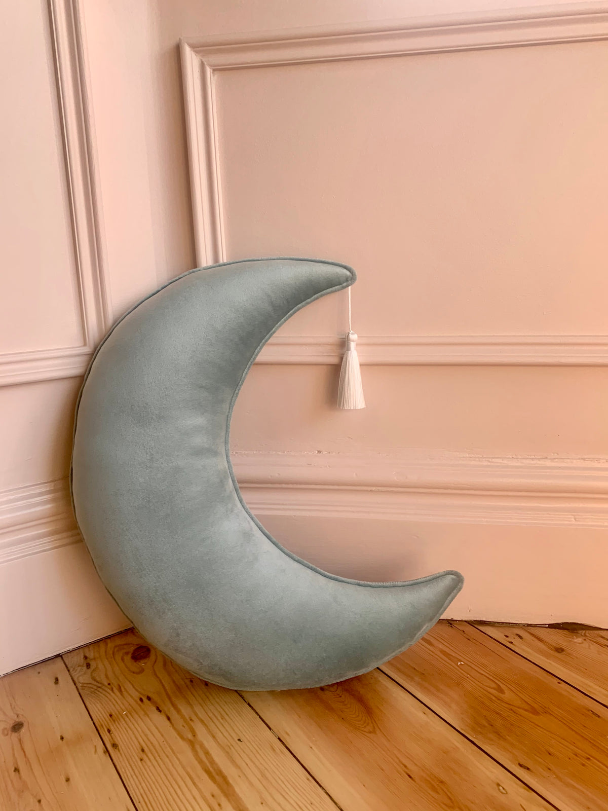 Large Customised Velvet Moon Cushion with a Silk Tassel