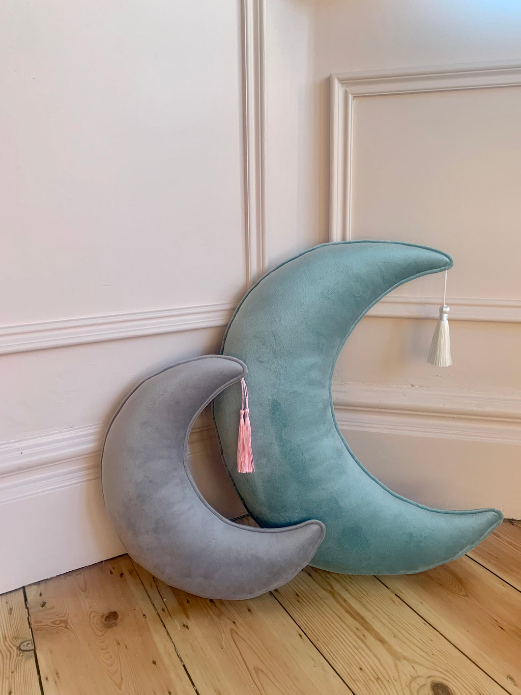 Large Customised Velvet Moon Cushion with a Silk Tassel