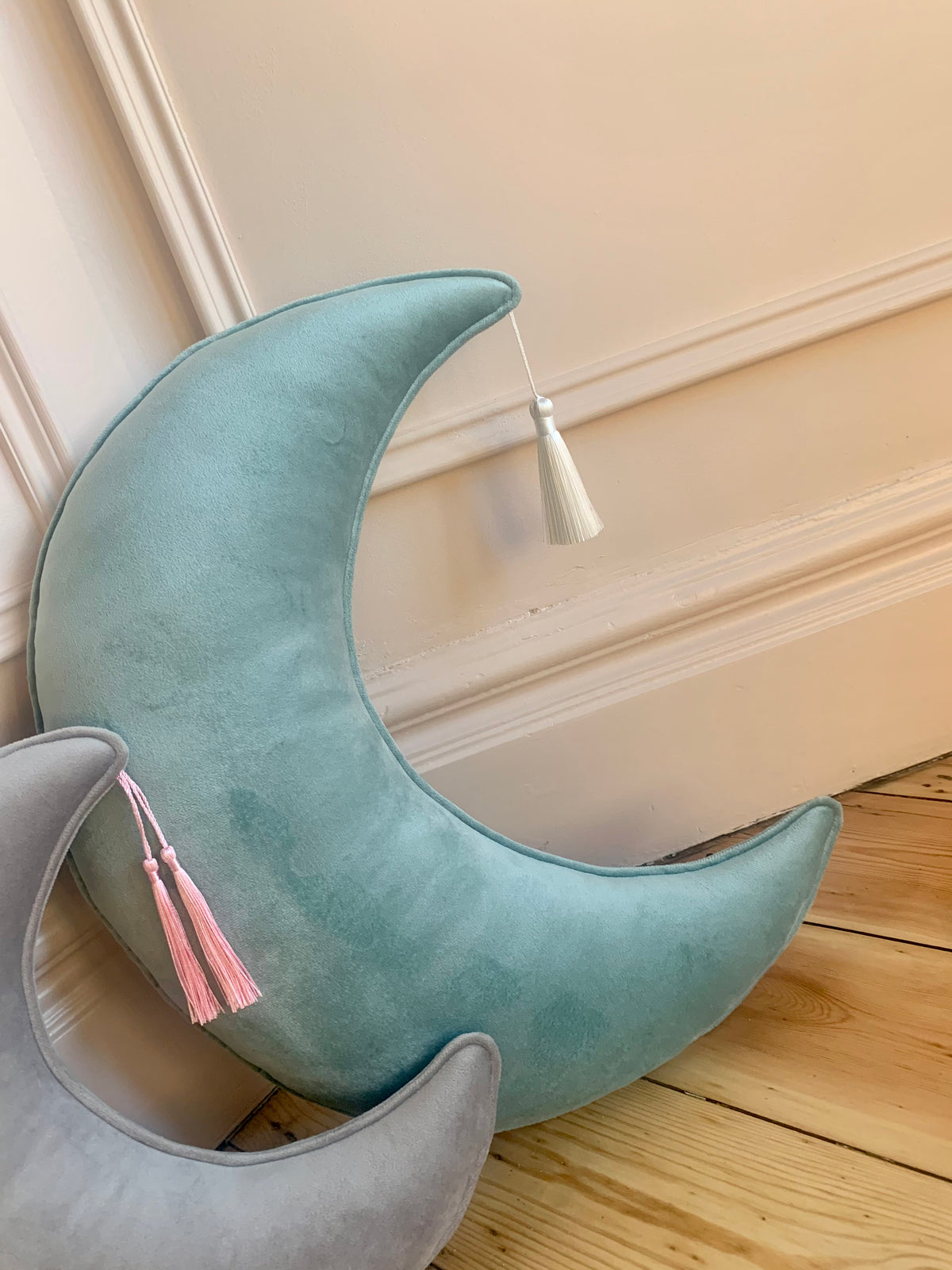 Large Customised Velvet Moon Cushion with a Silk Tassel