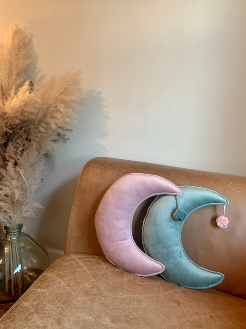 Customised Velvet Moon Cushion with Pom Pom