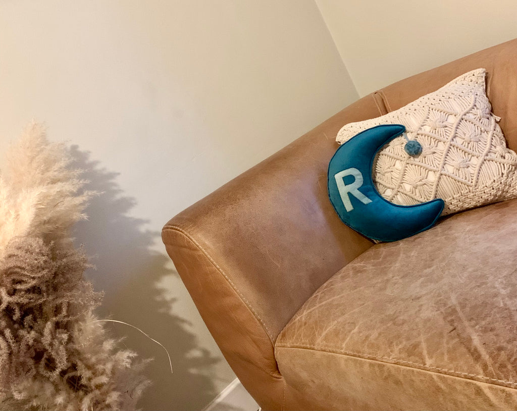 Customised Velvet Moon Cushion with Initial and Tassels or Pom Pom