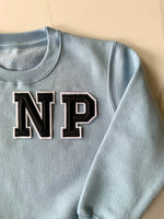Load image into Gallery viewer, Varsity Personalised Initial Patch Light Blue Sweater
