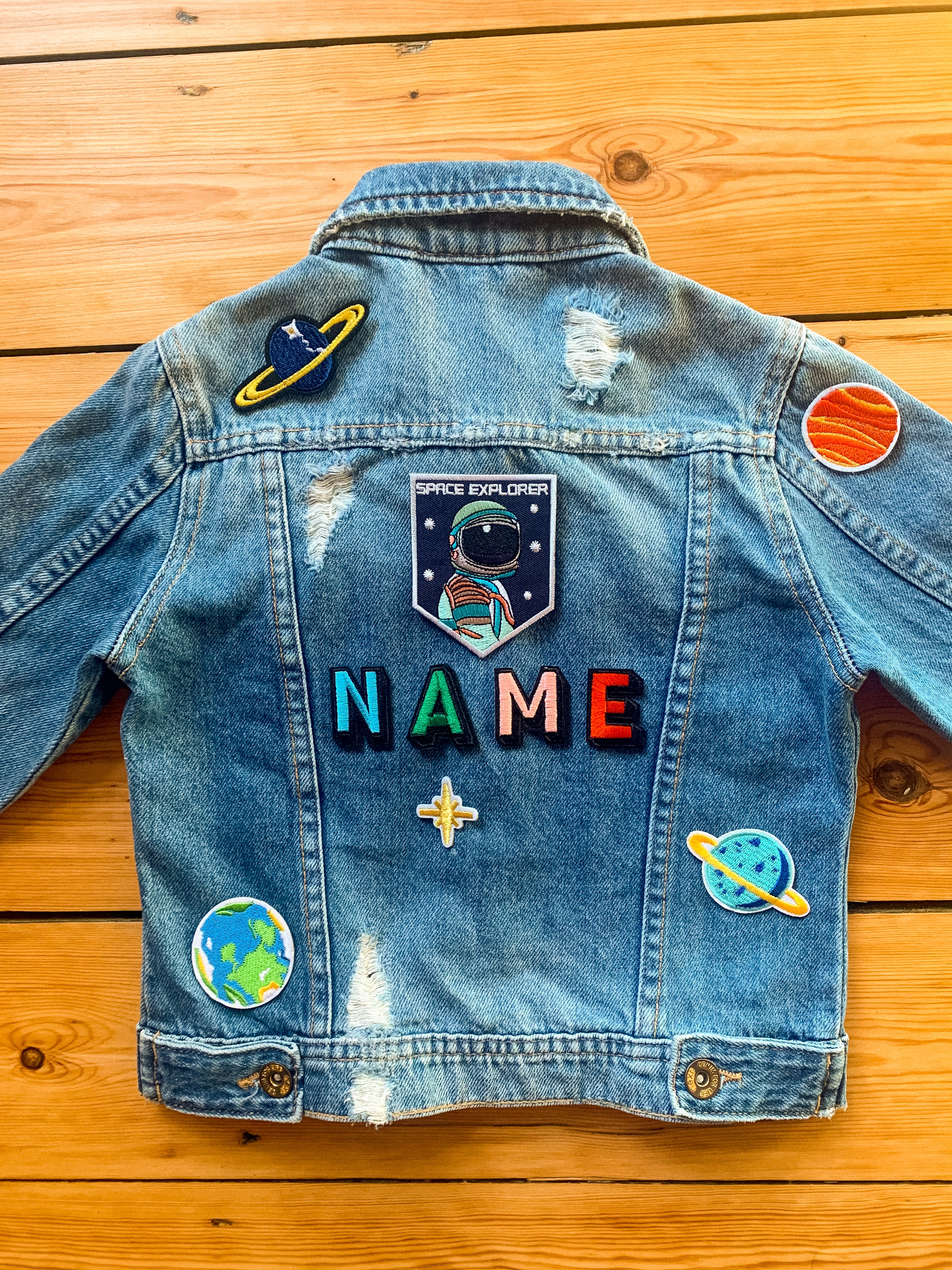 Personalised Name Patch Denim Jacket With Space Patches
