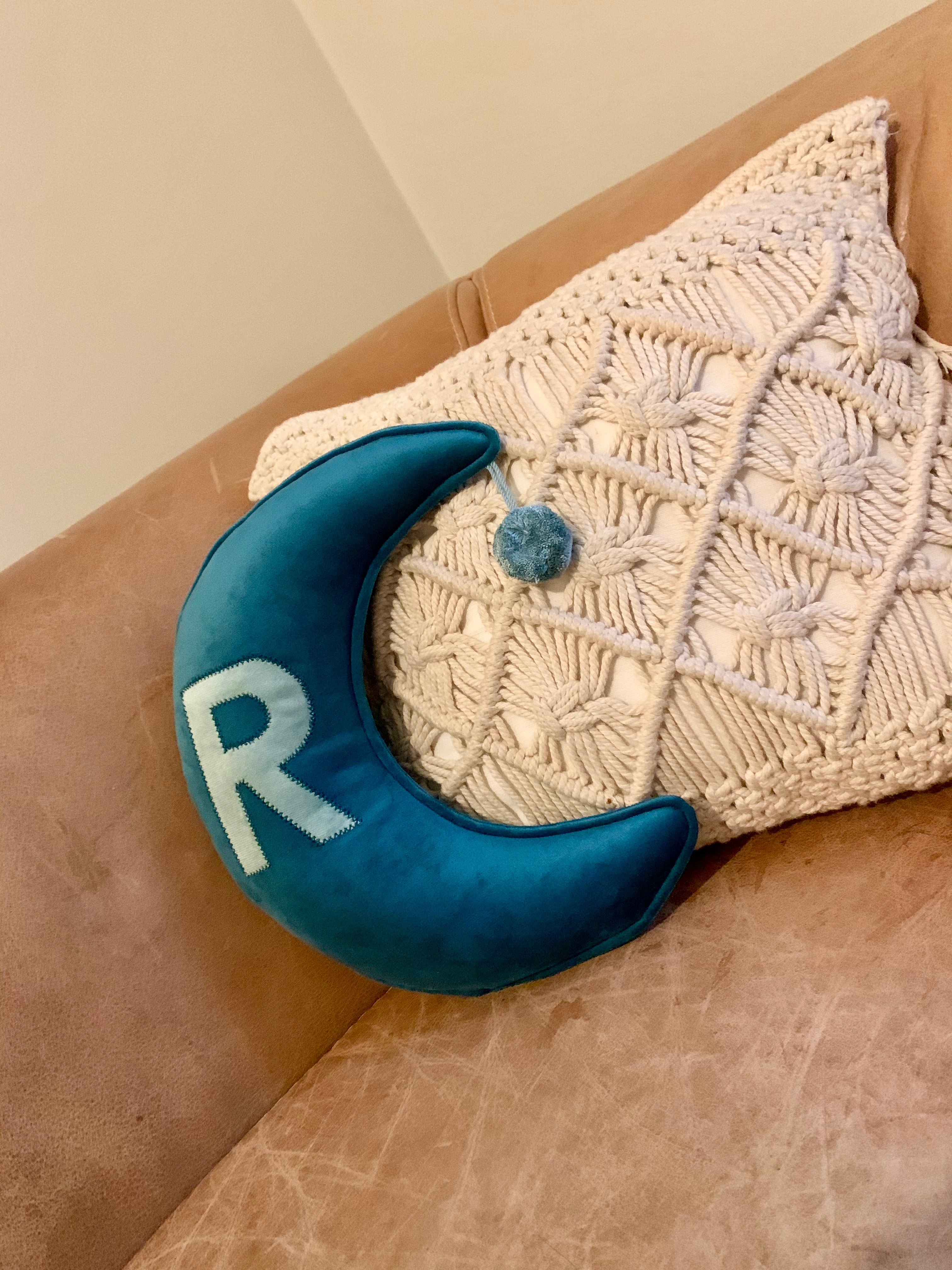 Customised Velvet Moon Cushion with Initial and Tassels or Pom Pom