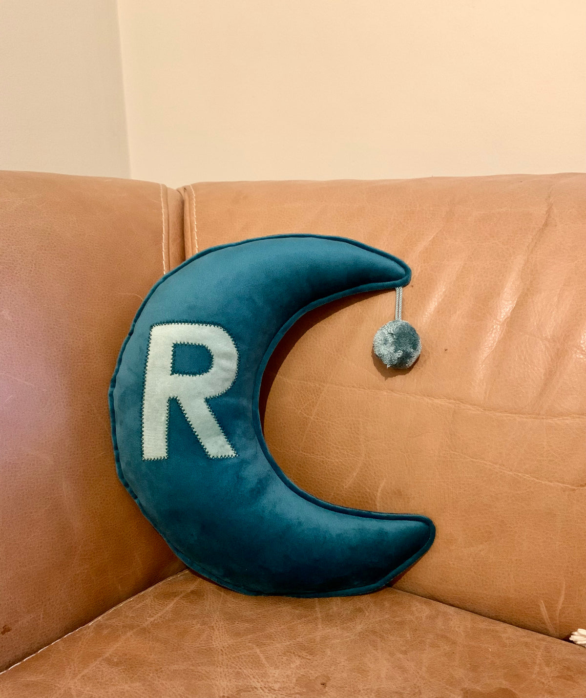 Customised Velvet Moon Cushion with Initial and Tassels or Pom Pom