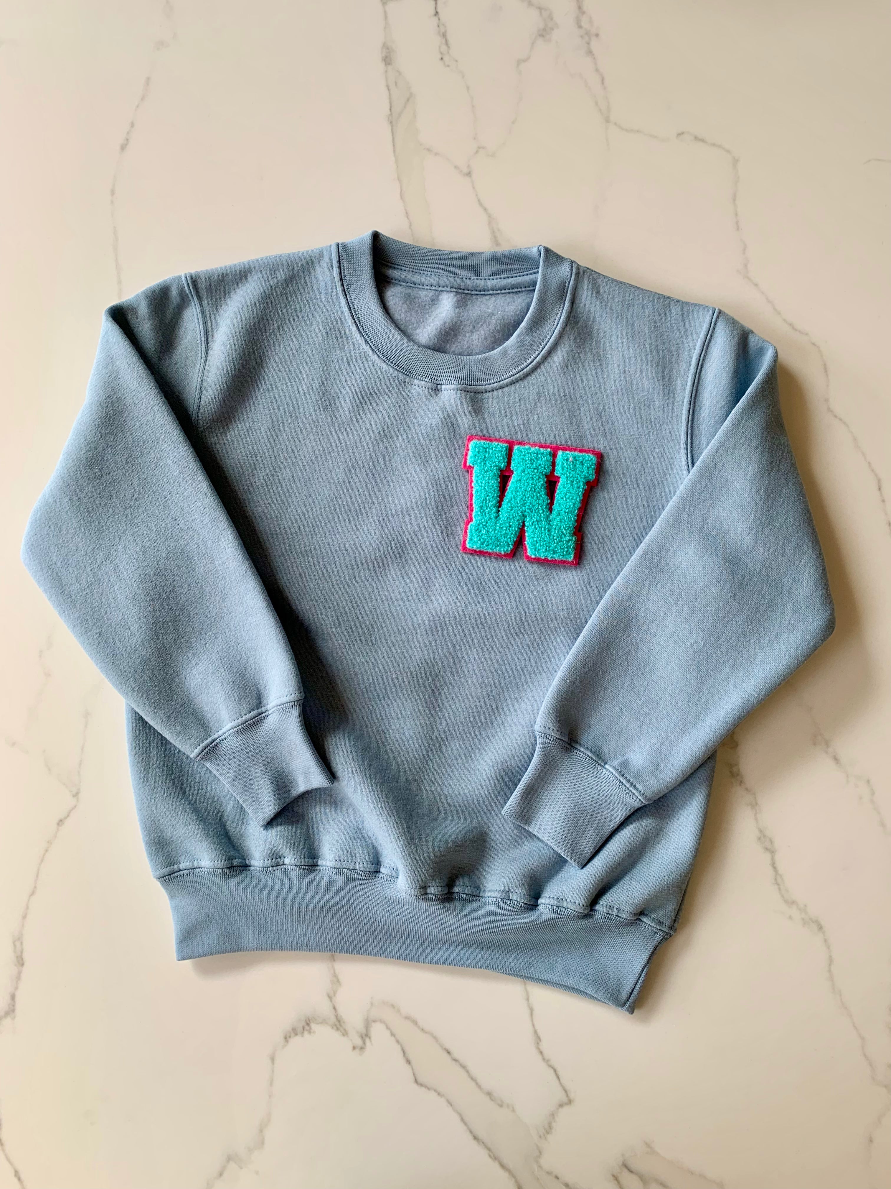 Varsity Personalised Initial Patch Light Blue Sweater